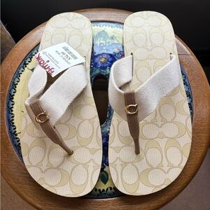 Coach Cream and Tan Signature Flip Flops